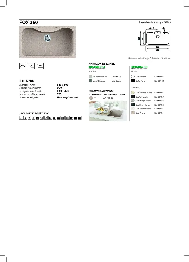 Elleci Fox 360 G52 bianco pietra (LGF36052) Gránit mosogatótálcák kép 2