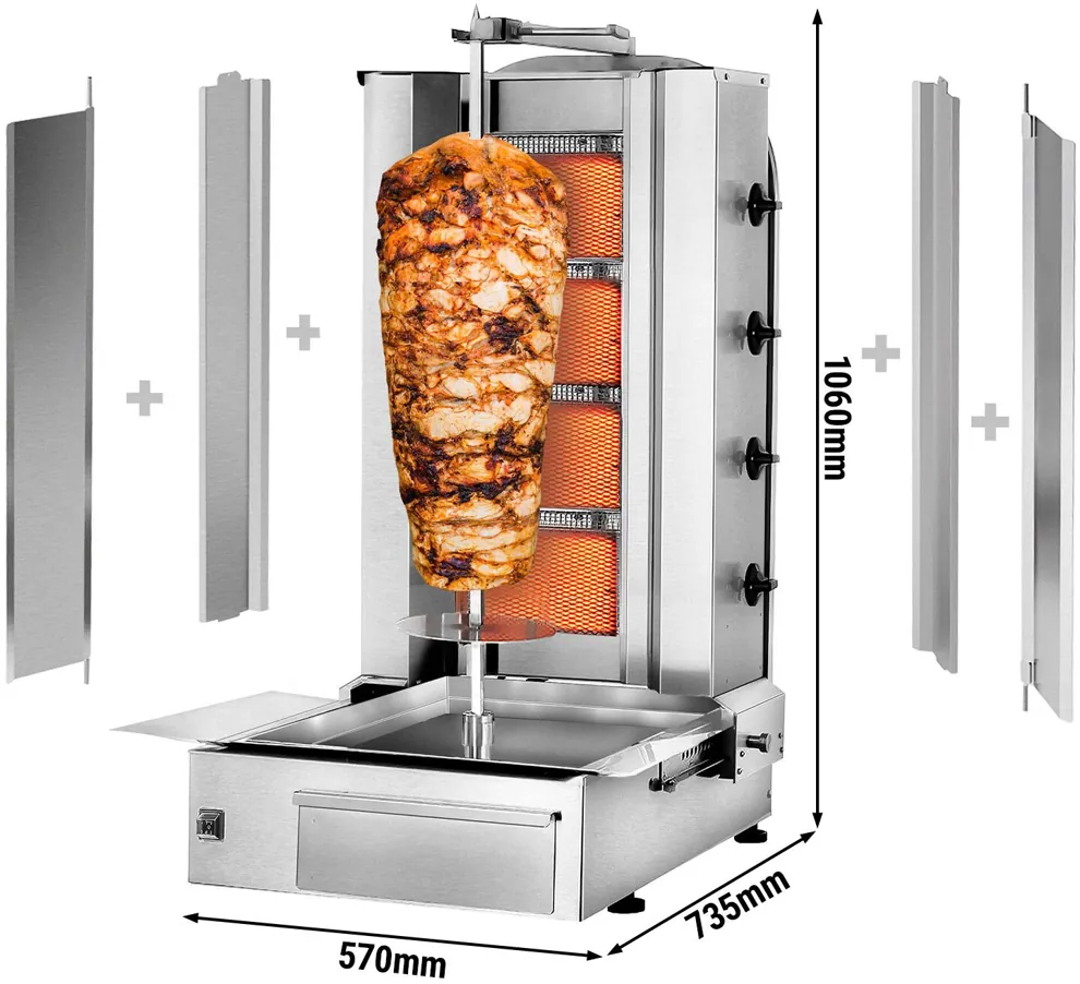Ggm gastro DUK4-SB-N Gáz Gyros sütő - 4 égő - 13 kW - max. 60 kg - Asztali kivitel - tartozékokkal: 2 védőlemez, 2 ajtó, nyárs, zsírfogó tálca kép 2