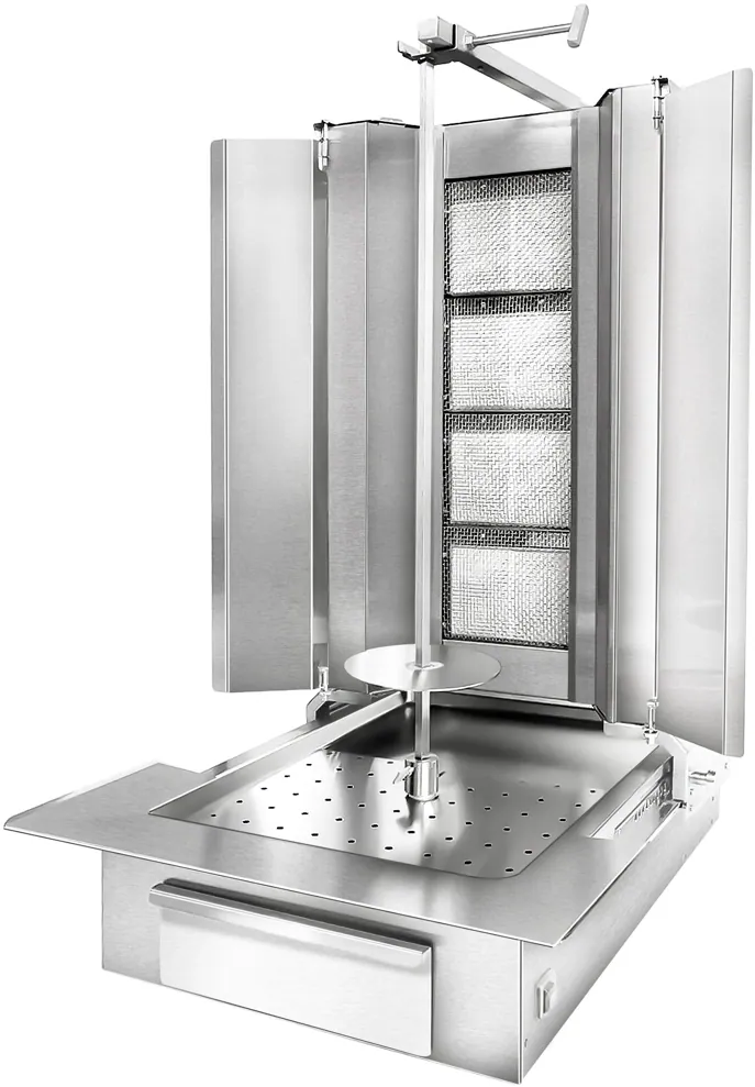 Ggm gastro DUK4-SB-N Gáz Gyros sütő - 4 égő - 13 kW - max. 60 kg - Asztali kivitel - tartozékokkal: 2 védőlemez, 2 ajtó, nyárs, zsírfogó tálca kép 3