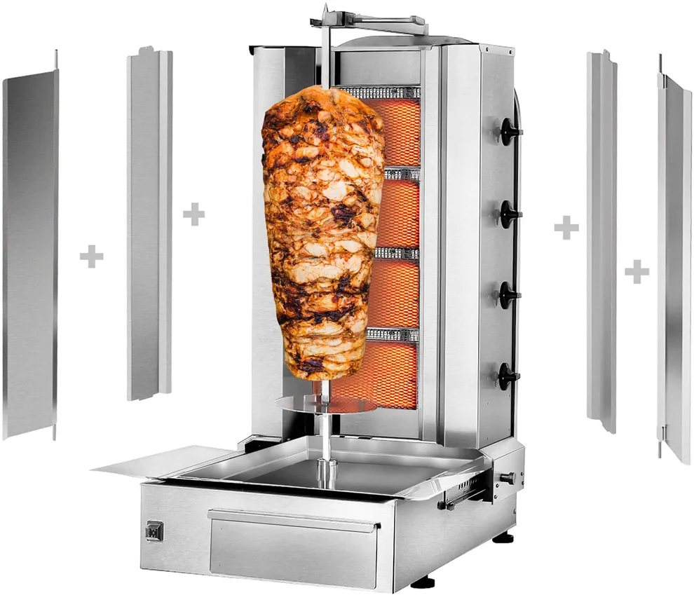 Ggm gastro DUK4-SB-N Gáz Gyros sütő - 4 égő - 13 kW - max. 60 kg - Asztali kivitel - tartozékokkal: 2 védőlemez, 2 ajtó, nyárs, zsírfogó tálca Fő kép