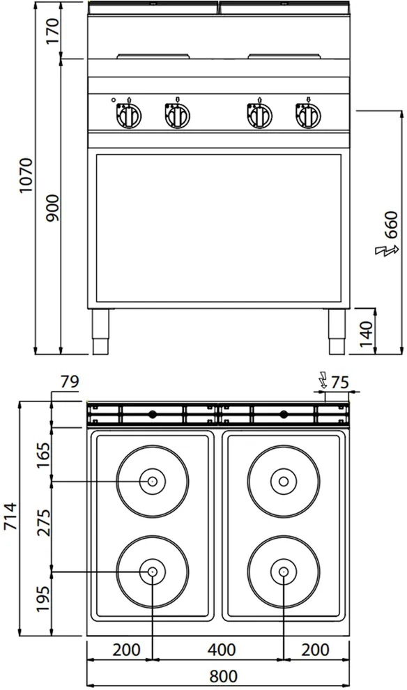 Ggm gastro EHB879E Ipari elektromos tűzhely - 700-as - főzősorba illeszthető - összteljesítmény: 10,4 kW - 4 zónás - öntöttvas főzőlap - nyitott tárolórésszel - 800x714x1.070 mm kép 4