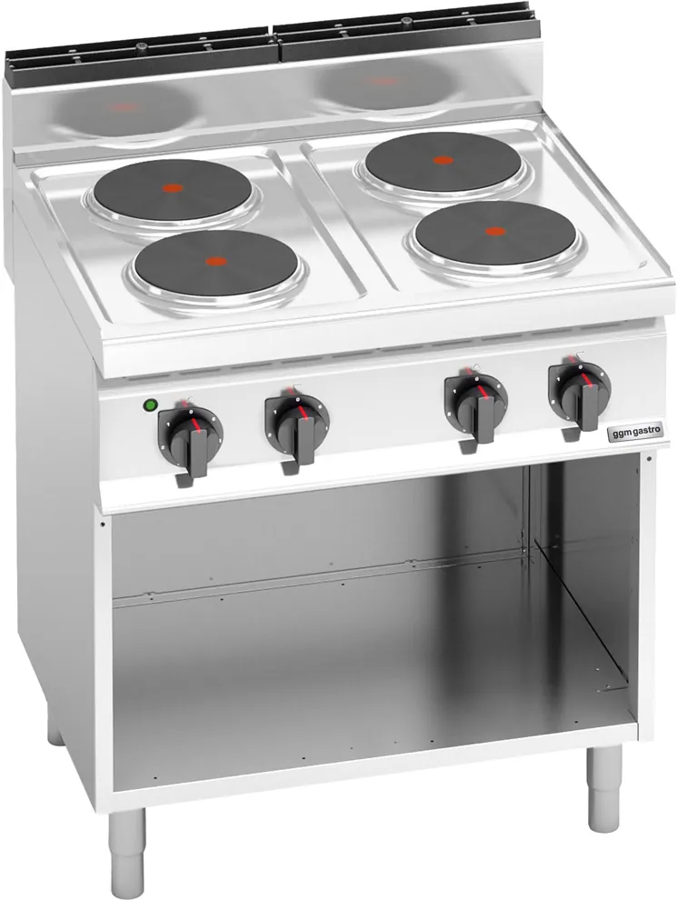 Ggm gastro EHB879E Ipari elektromos tűzhely - 700-as - főzősorba illeszthető - összteljesítmény: 10,4 kW - 4 zónás - öntöttvas főzőlap - nyitott tárolórésszel - 800x714x1.070 mm Fő kép