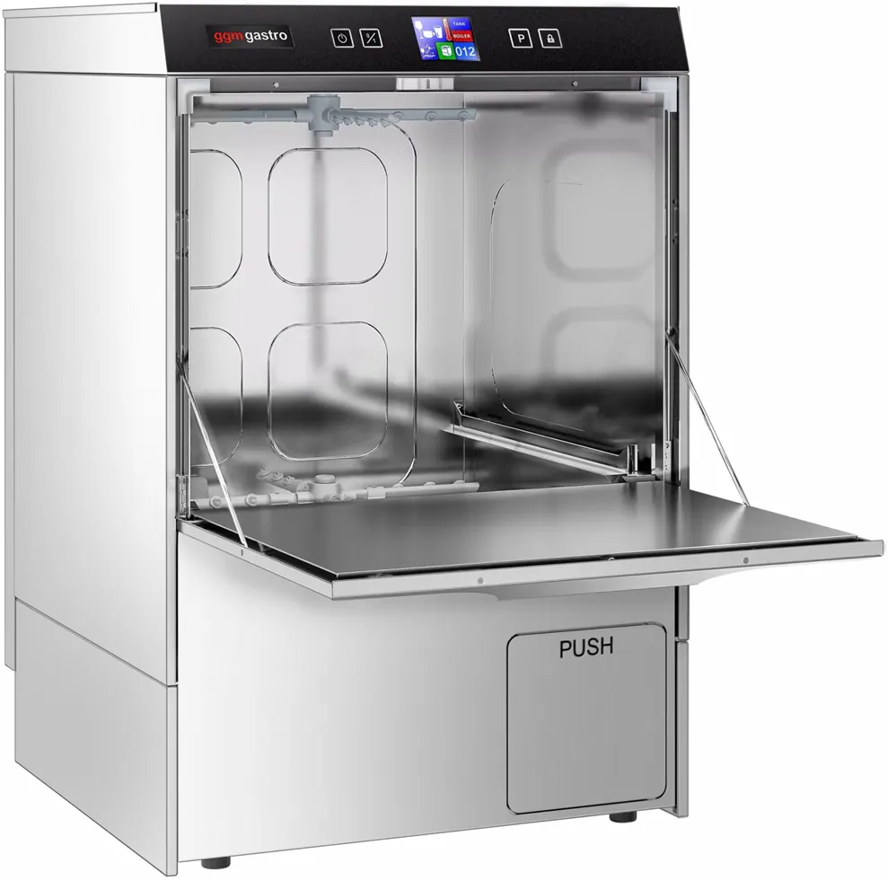 Ggm gastro GE500ND Ipari mosogatógép - elektronikus vezérlés - 3,55 kW - beépített mosogatószer- és öblítőszer-adagolóval, leeresztő szivattyúval kép 3