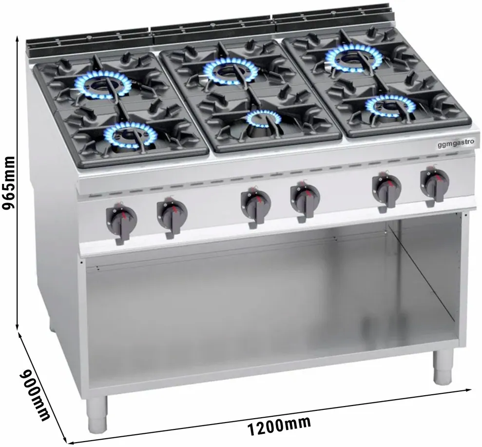 Ggm gastro GHB199H Ipari gáztűzhely - 900-as - összteljesítmény: 53,5 kW - 6 égős - nyitott tárolórésszel - főzősorba illeszthető kép 2