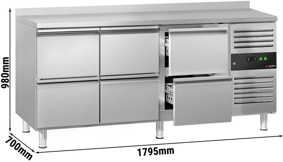 Ggm gastro KTJ187AND6 Hűtött munkaasztal ECO - 1795x700 mm - GN 1/1 - 417 liter - ventilációs - 6 fiókkal - felhajtással kép 2