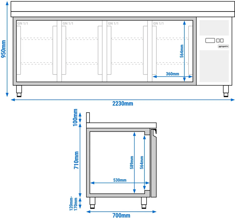 Ggm gastro KTS227AND Hűtött munkaasztal ECO - 2230x700 mm - GN 1/1 - 553 liter - ventilációs - 4 ajtóval - felhajtással kép 11