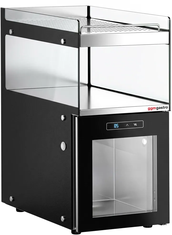 Ggm gastro MKD15NR Tejhűtő – kávégépekhez - 300 mm - 15 liter - digitális vezérlés - 1 üvegajtó & LED‑világítás - tejcső‑átvezető nyílással - fekete kép 3