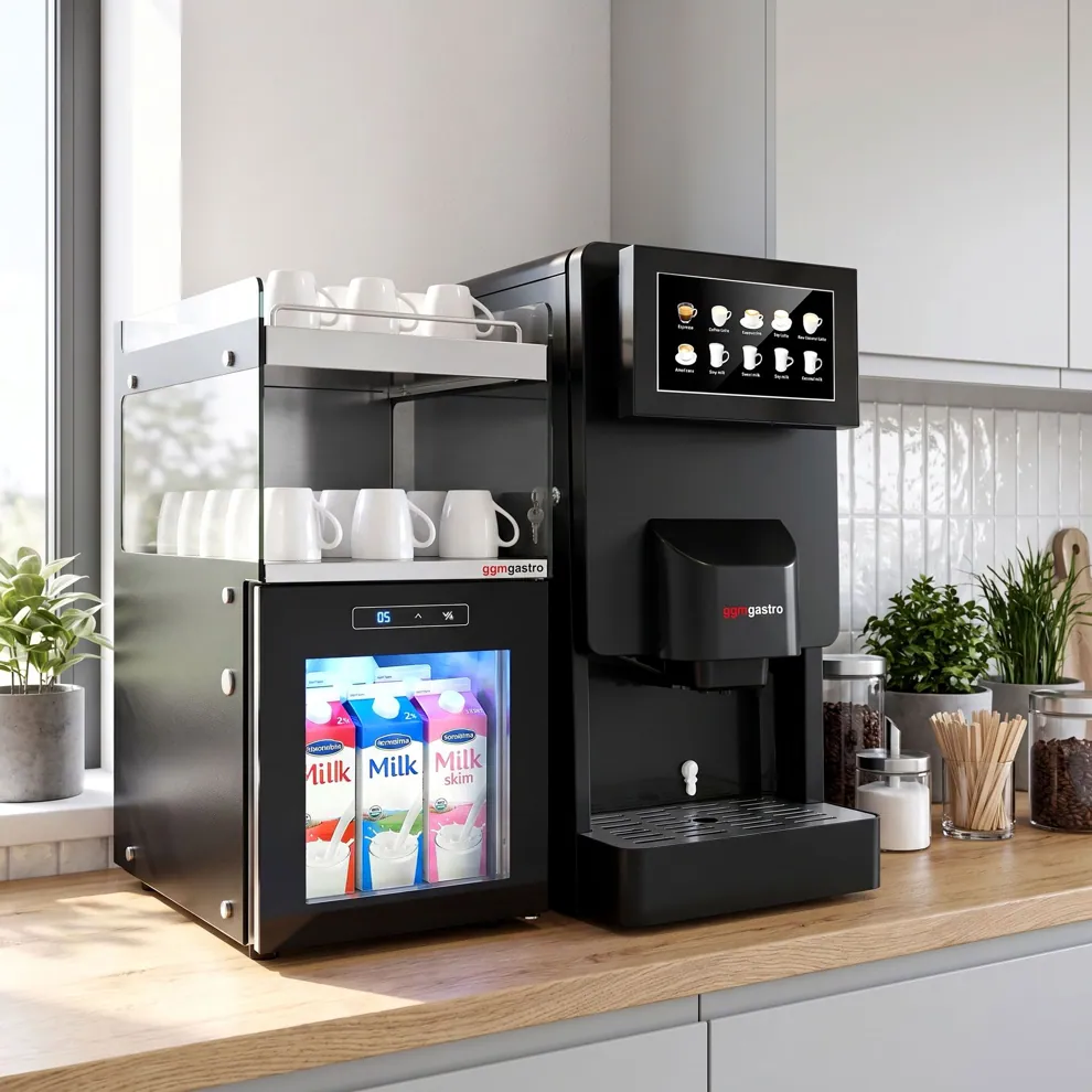 Ggm gastro MKD15NR Tejhűtő – kávégépekhez - 300 mm - 15 liter - digitális vezérlés - 1 üvegajtó & LED‑világítás - tejcső‑átvezető nyílással - fekete kép 10